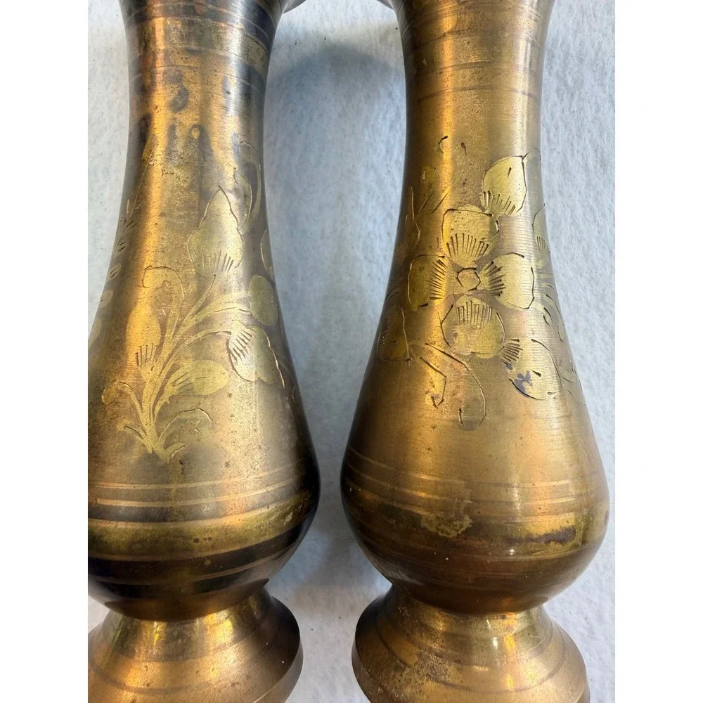Vintage Brass Bud Vases Pair Made in India Engraved Floral 7